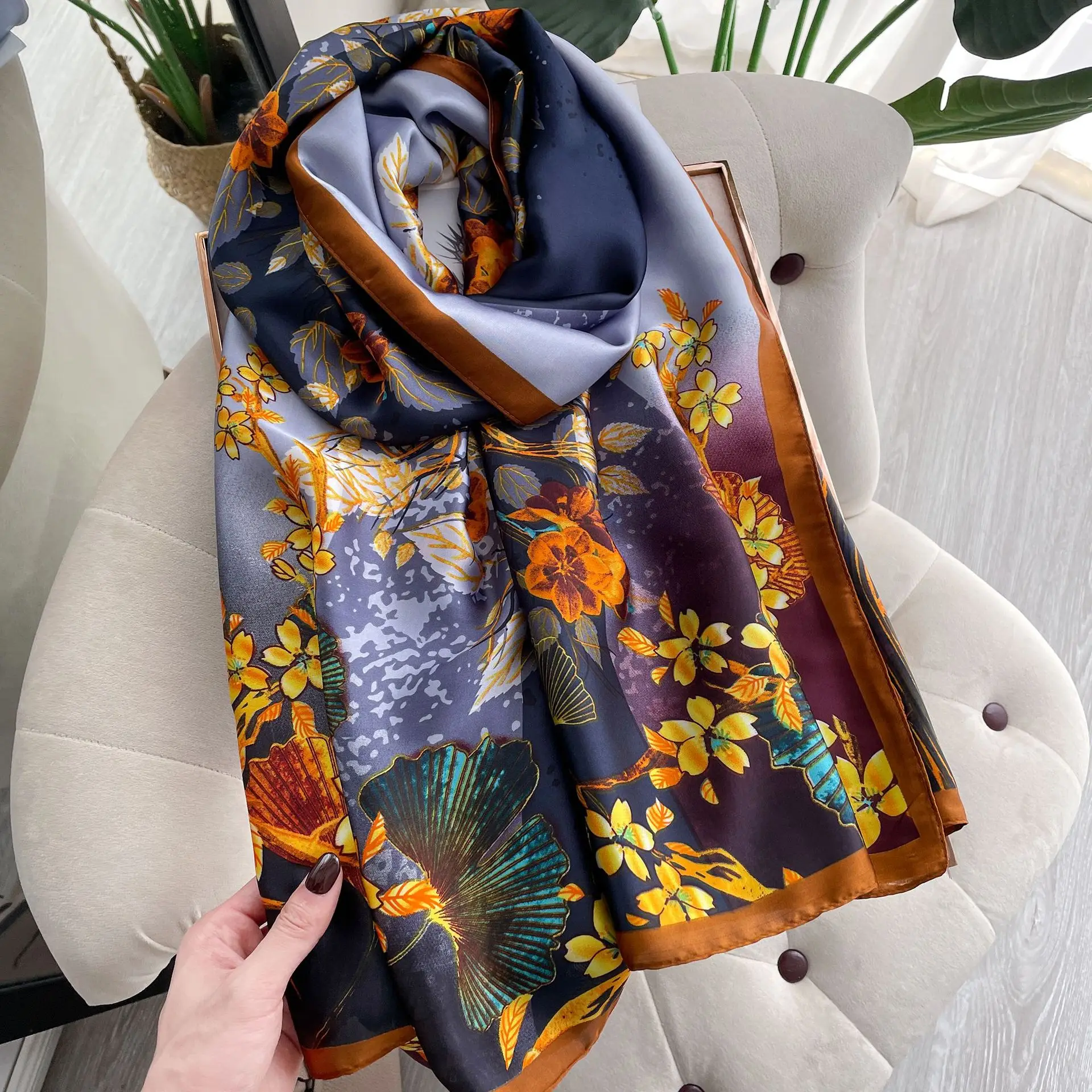 180*90cm Large Silk Satin Scarf Hijab Women Print Spring New Shawl Wrap Female Hand Foulard Pashmina Travel Echarpe 2022 NEW