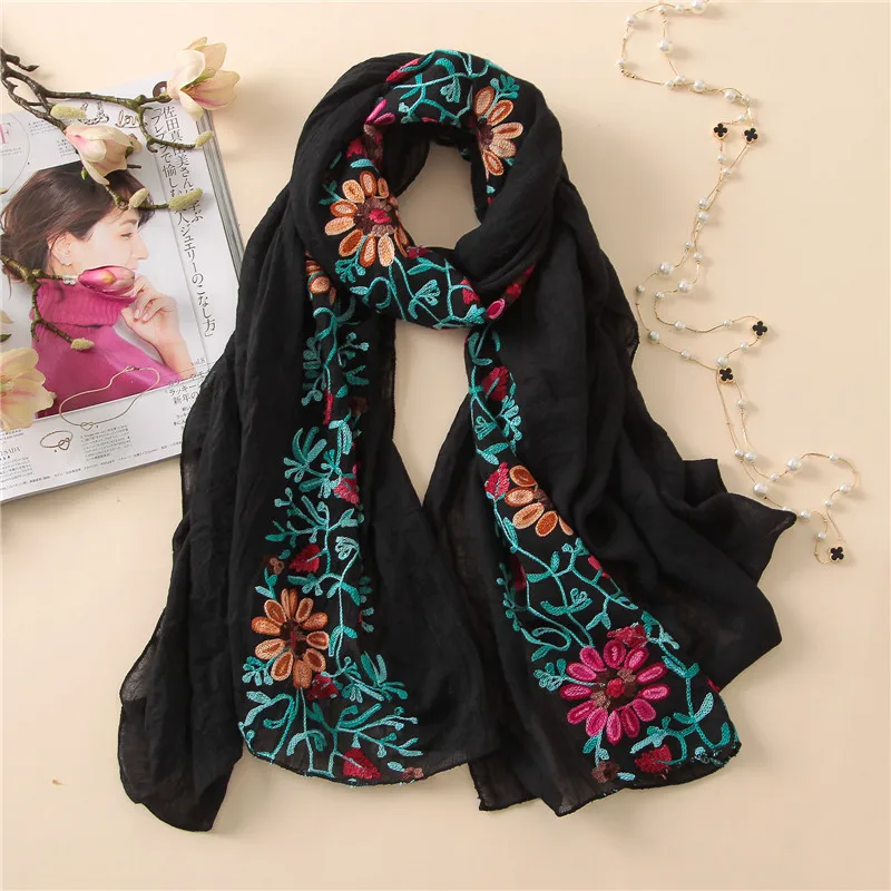 Plain Embroider Floral Viscose Shawl Scarf From Indian Bandana Print Cotton Scarves and Wraps Soft Foulard Muslim Hijab Cap