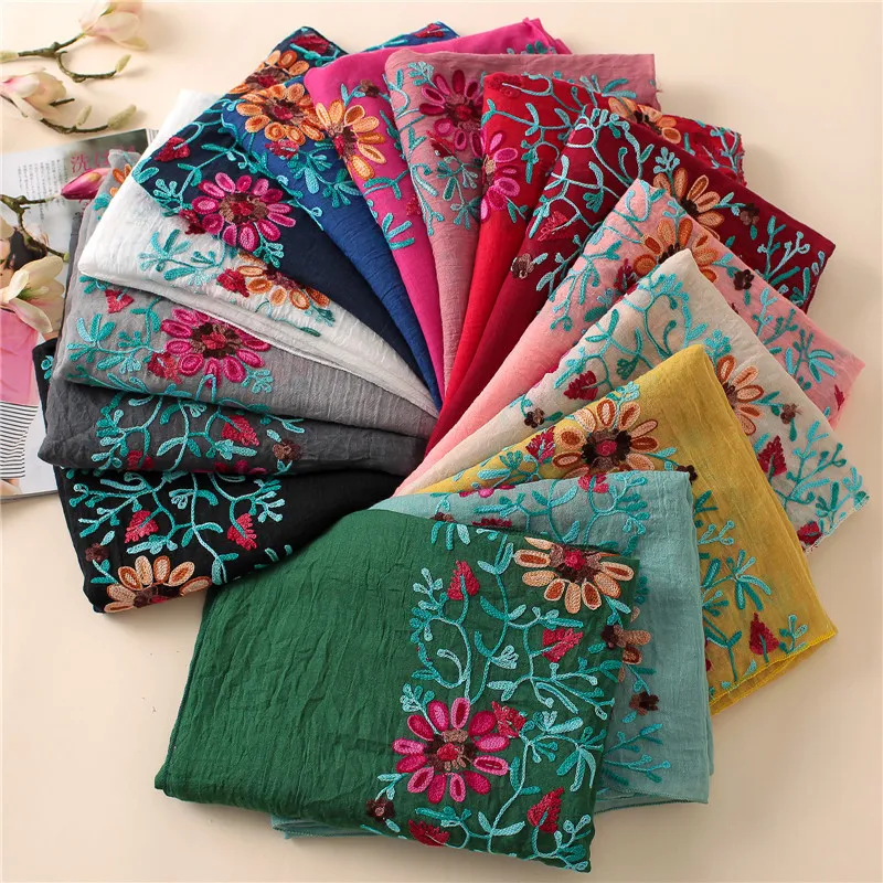 Plain Embroider Floral Viscose Shawl Scarf From Indian Bandana Print Cotton Scarves and Wraps Soft Foulard Muslim Hijab Cap