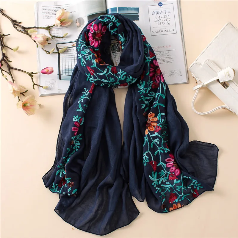 Plain Embroider Floral Viscose Shawl Scarf From Indian Bandana Print Cotton Scarves and Wraps Soft Foulard Muslim Hijab Cap