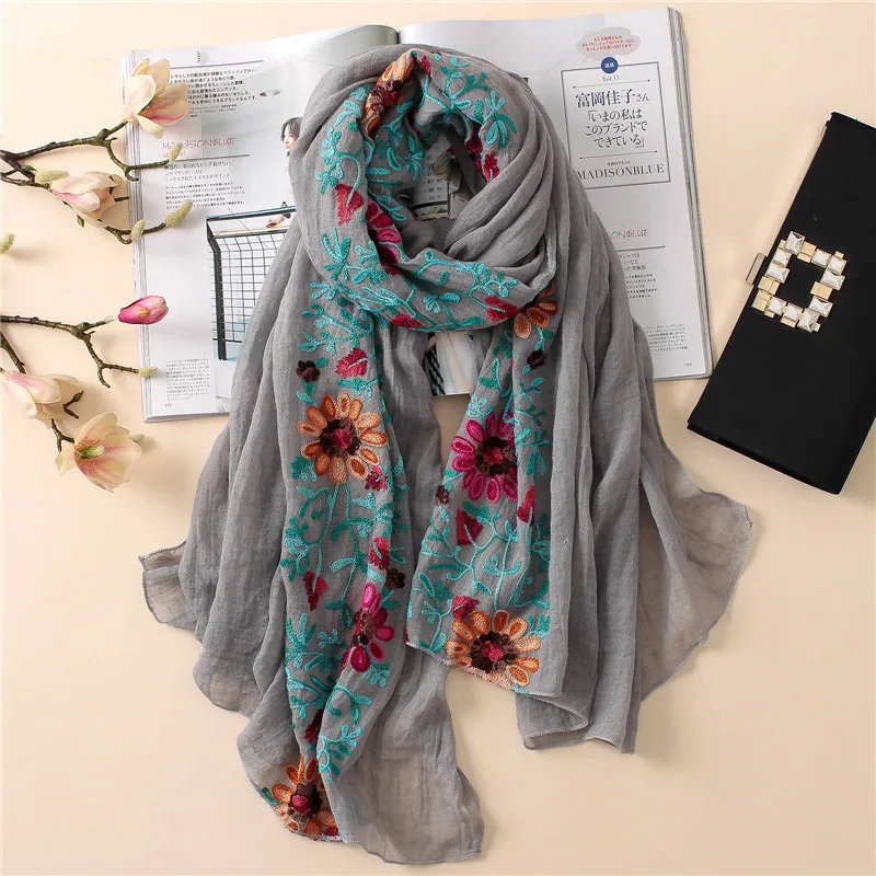 Plain Embroider Floral Viscose Shawl Scarf From Indian Bandana Print Cotton Scarves and Wraps Soft Foulard Muslim Hijab Cap