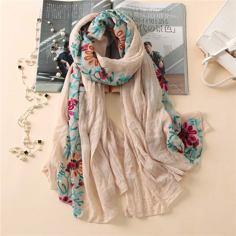 Plain Embroider Floral Viscose Shawl Scarf From Indian Bandana Print Cotton Scarves and Wraps Soft Foulard Muslim Hijab Cap