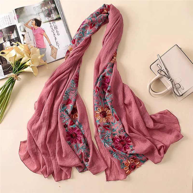 Plain Embroider Floral Viscose Shawl Scarf From Indian Bandana Print Cotton Scarves and Wraps Soft Foulard Muslim Hijab Cap