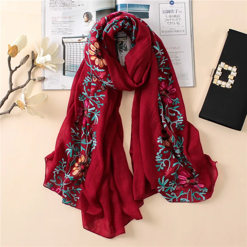 Plain Embroider Floral Viscose Shawl Scarf From Indian Bandana Print Cotton Scarves and Wraps Soft Foulard Muslim Hijab Cap