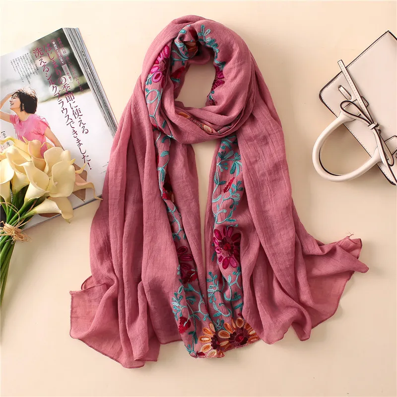 Plain Embroider Floral Viscose Shawl Scarf From Indian Bandana Print Cotton Scarves and Wraps Soft Foulard Muslim Hijab Cap