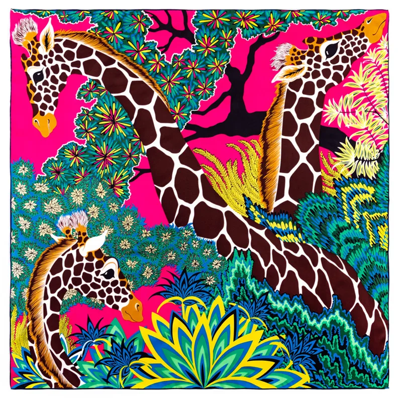 Manual Hand Rolled Twill Silk Scarf Women Three Giraffes Square Scarves Echarpes Foulards Femme Wrap Bandana Hijab 90CM