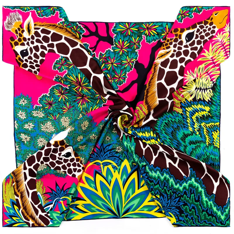 Manual Hand Rolled Twill Silk Scarf Women Three Giraffes Square Scarves Echarpes Foulards Femme Wrap Bandana Hijab 90CM