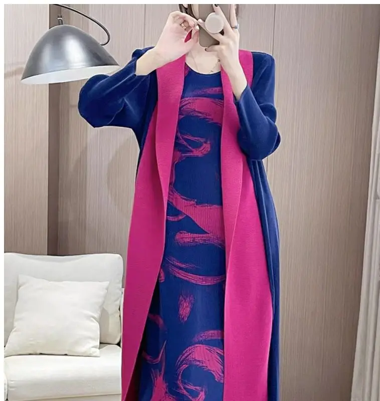 Spring and Autumn New Pleated Fashion Round Neck Dress Women's Fake 2 Piece Long Dress Printed Dress