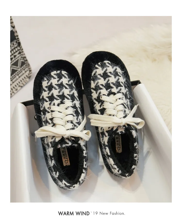 winter women's plush warm shoes Korean style Lace-up loafers party and work wear Ladies' casual flats mary jane boat shoes