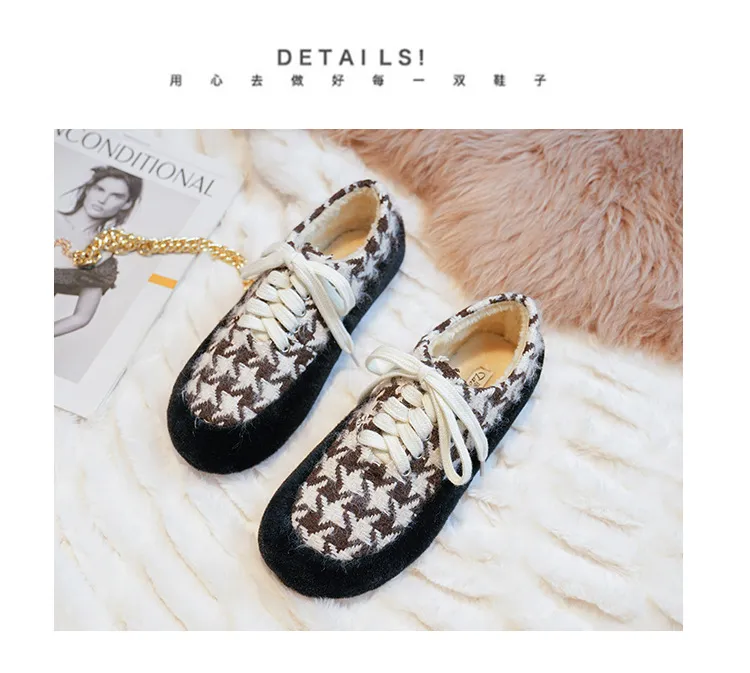 winter women's plush warm shoes Korean style Lace-up loafers party and work wear Ladies' casual flats mary jane boat shoes