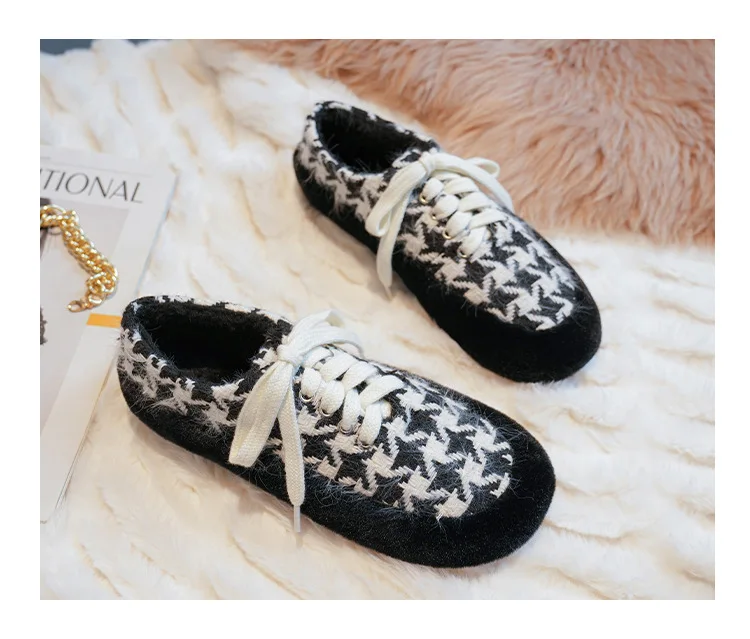 winter women's plush warm shoes Korean style Lace-up loafers party and work wear Ladies' casual flats mary jane boat shoes