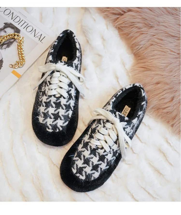 winter women's plush warm shoes Korean style Lace-up loafers party and work wear Ladies' casual flats mary jane boat shoes