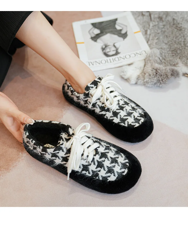 winter women's plush warm shoes Korean style Lace-up loafers party and work wear Ladies' casual flats mary jane boat shoes