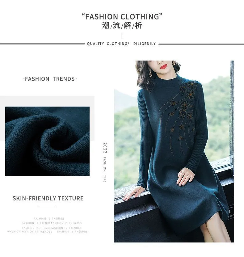 Women Autumn Winter Knit Warm Dress Female Fashion Embroidery Oversize Half High Collar Slim Knee-length Bottom Sweater