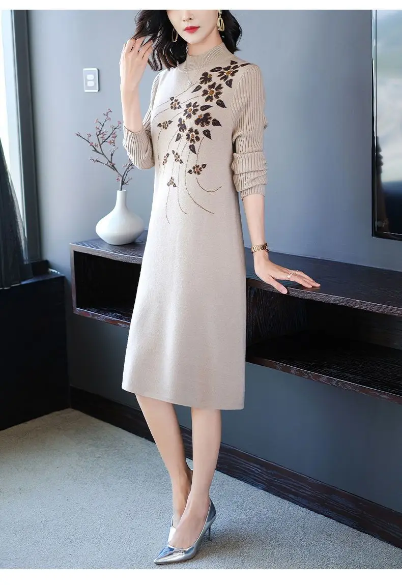 Women Autumn Winter Knit Warm Dress Female Fashion Embroidery Oversize Half High Collar Slim Knee-length Bottom Sweater