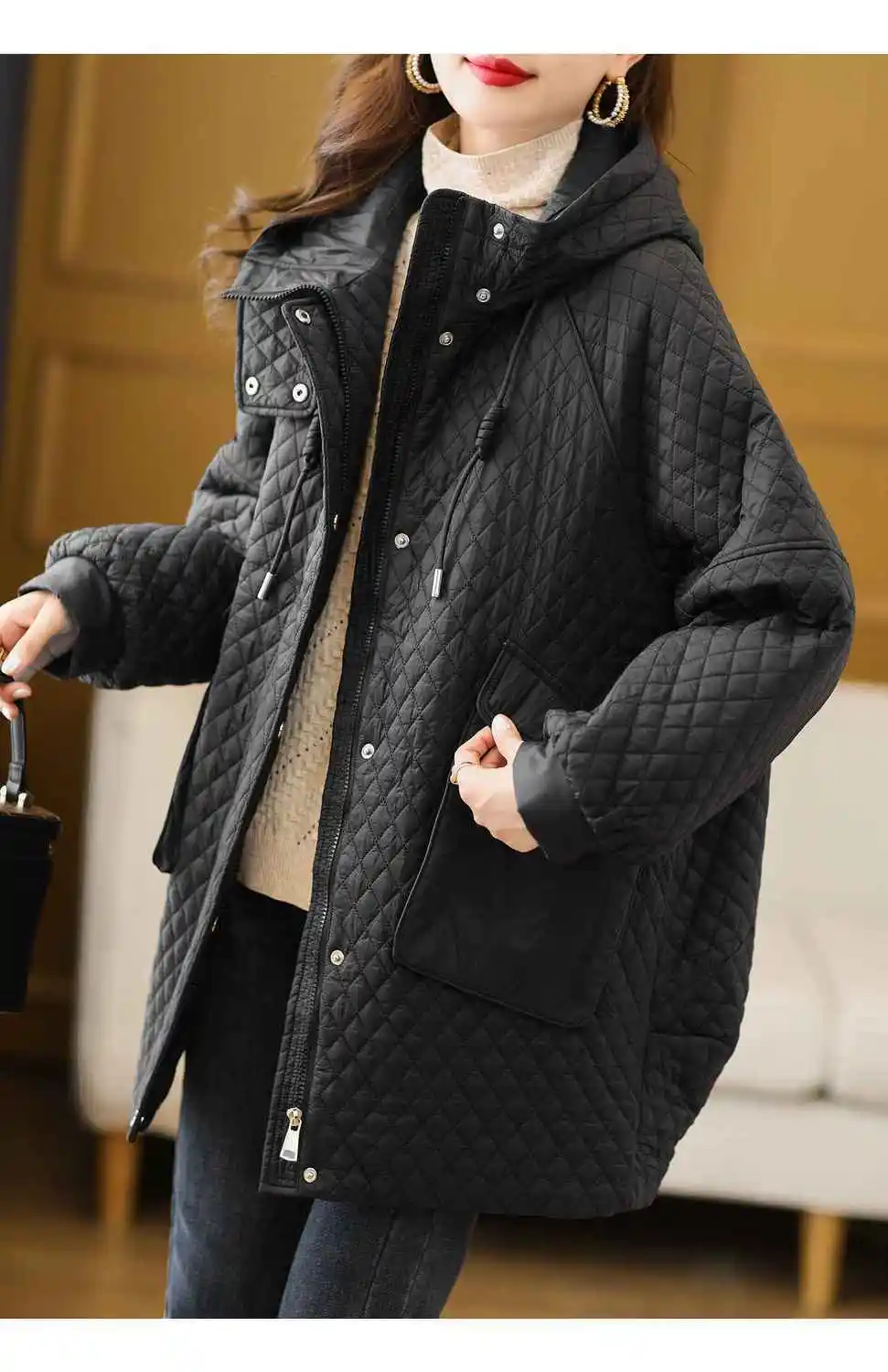 European Station New Hooded Plaid Cotton Parkas Coat Loose Women 2024 Winter Wear Warm Long Sleeve Casual Parkas Female Tops