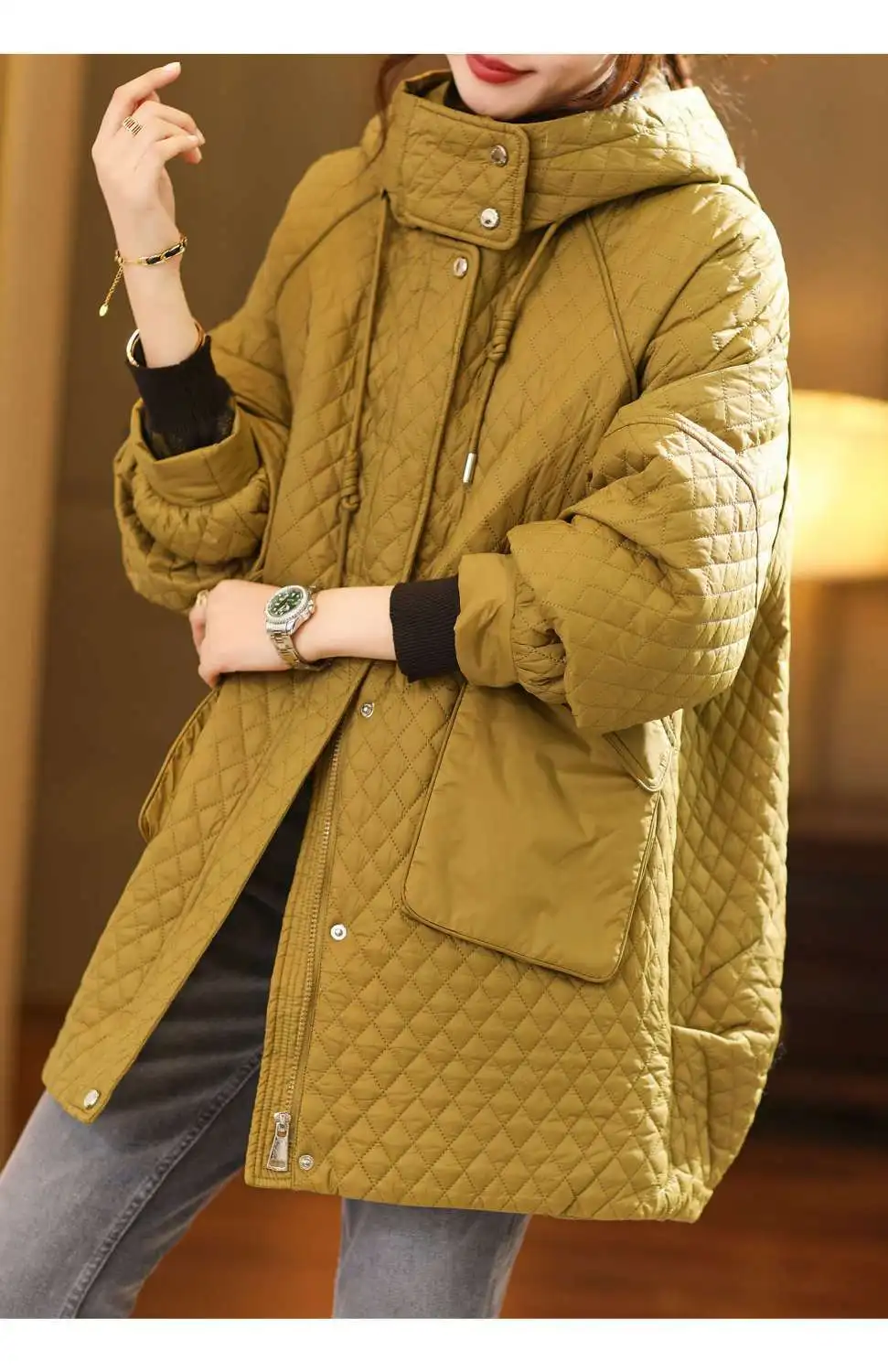 European Station New Hooded Plaid Cotton Parkas Coat Loose Women 2024 Winter Wear Warm Long Sleeve Casual Parkas Female Tops