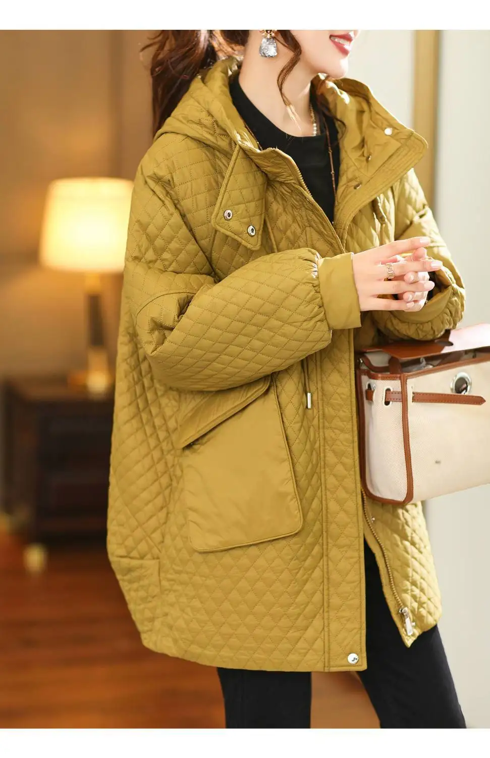 European Station New Hooded Plaid Cotton Parkas Coat Loose Women 2024 Winter Wear Warm Long Sleeve Casual Parkas Female Tops