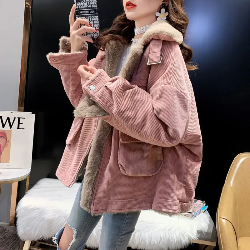 Lamb wool work jacket for women autumn and winter Korean version versatile loose fitting short warm corduroy cotton jacket