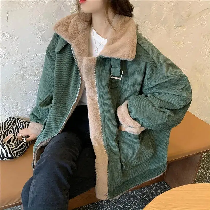 Lamb wool work jacket for women autumn and winter Korean version versatile loose fitting short warm corduroy cotton jacket