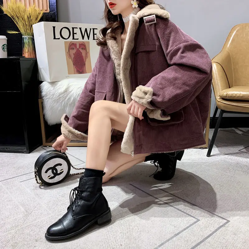 Lamb wool work jacket for women autumn and winter Korean version versatile loose fitting short warm corduroy cotton jacket