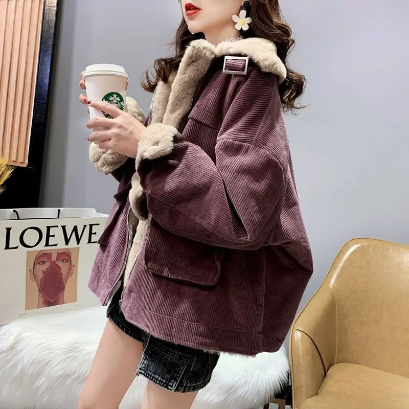 Lamb wool work jacket for women autumn and winter Korean version versatile loose fitting short warm corduroy cotton jacket