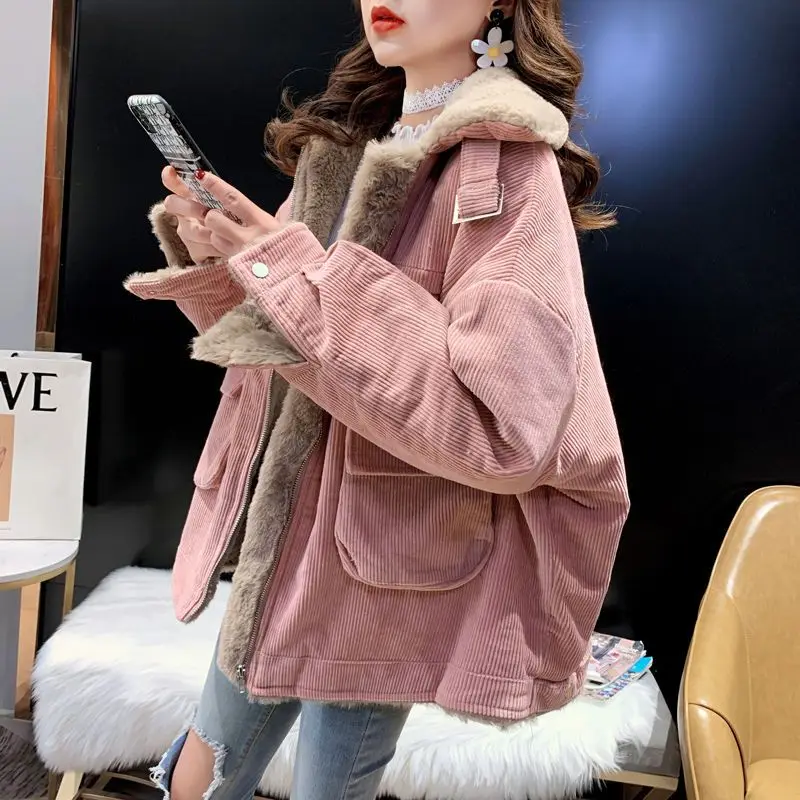 Lamb wool work jacket for women autumn and winter Korean version versatile loose fitting short warm corduroy cotton jacket