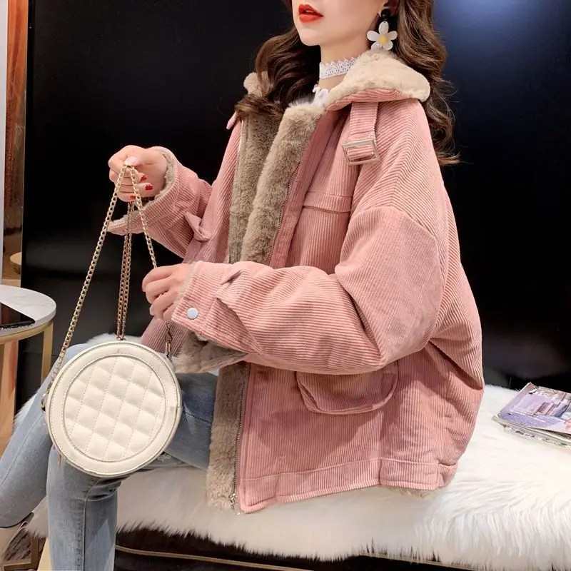 Lamb wool work jacket for women autumn and winter Korean version versatile loose fitting short warm corduroy cotton jacket