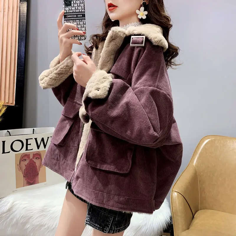 Lamb wool work jacket for women autumn and winter Korean version versatile loose fitting short warm corduroy cotton jacket