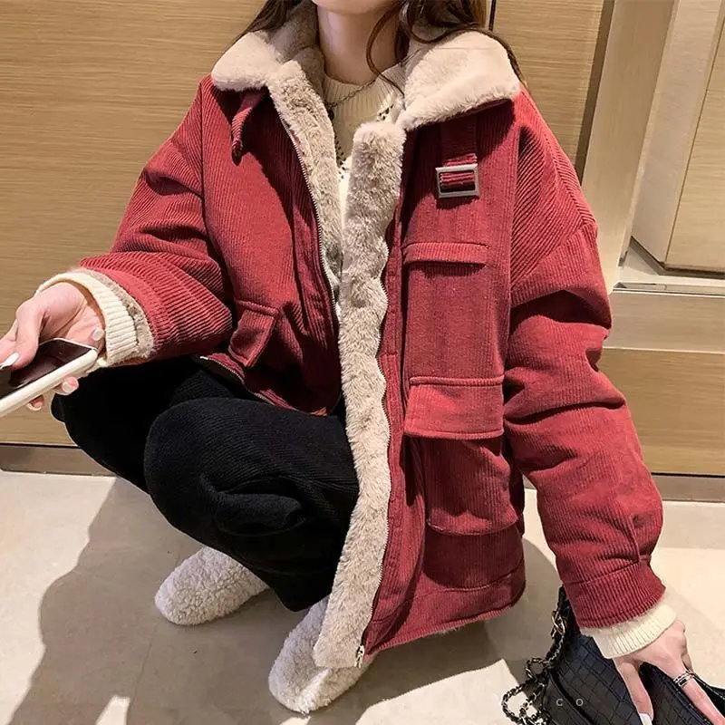 Lamb wool work jacket for women autumn and winter Korean version versatile loose fitting short warm corduroy cotton jacket