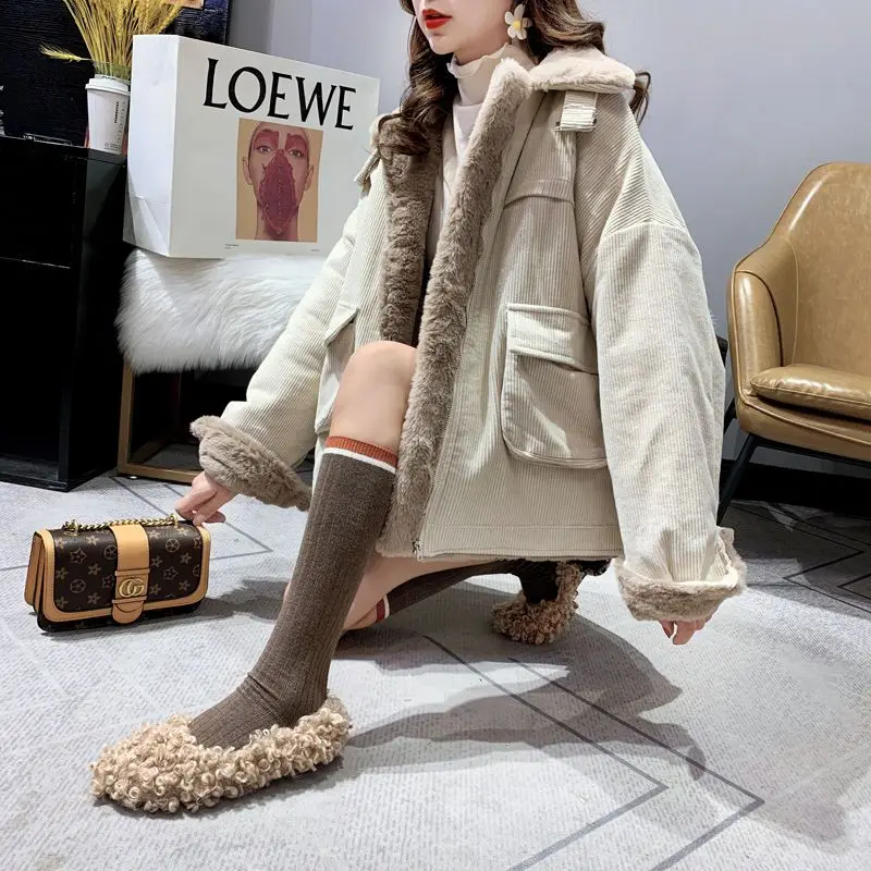 Lamb wool work jacket for women autumn and winter Korean version versatile loose fitting short warm corduroy cotton jacket