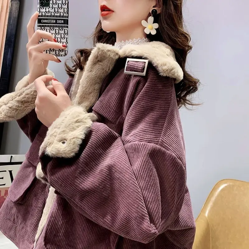 Lamb wool work jacket for women autumn and winter Korean version versatile loose fitting short warm corduroy cotton jacket