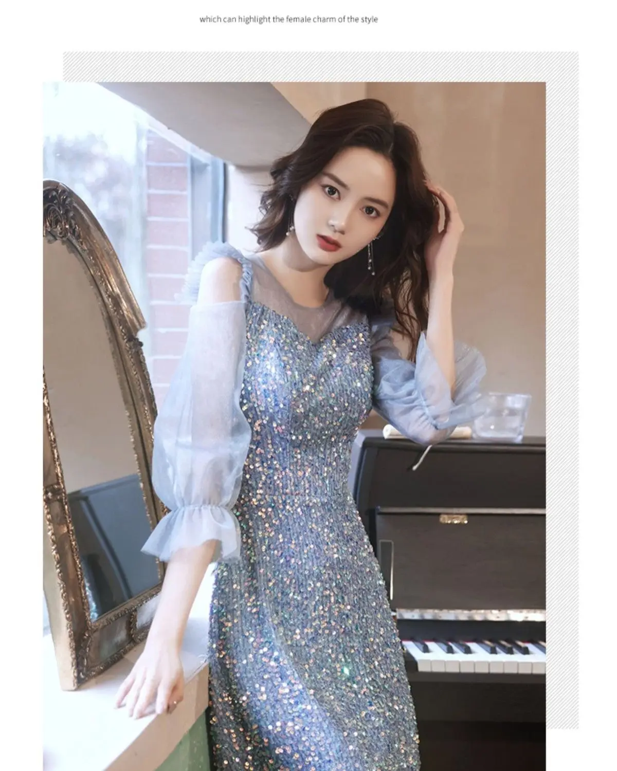 French dress female 2024 banquet o neck elegant dress three quarter sleeve and luxurious high-end high-end dress female tops