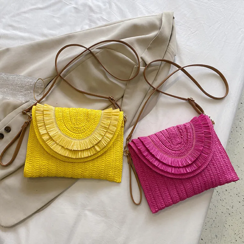 Weaving Bags Fashion Ladies Wristlet Clutches Summer Straw Women Shoulder Crossbody Bags Money Purse Woven Hand-woven Handbags