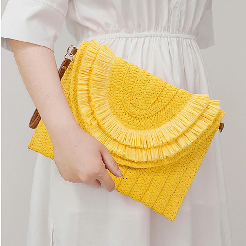 Weaving Bags Fashion Ladies Wristlet Clutches Summer Straw Women Shoulder Crossbody Bags Money Purse Woven Hand-woven Handbags