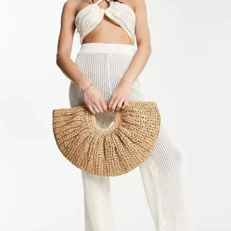 Ladies Moon Design Basket Shopper Bag Beach Straw Bag Summer Woven Travel Handbag For Women Luxury Large Capacity Shoulder Bags