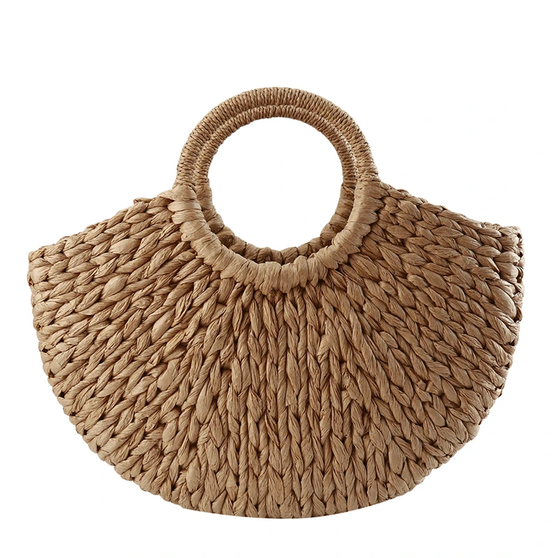 Summer Handmade Straw Weave Bags Women Beach Weaving Ladies Straw Bag Wrapped Beach Bag Moon shaped Top Handle Handbags Totes