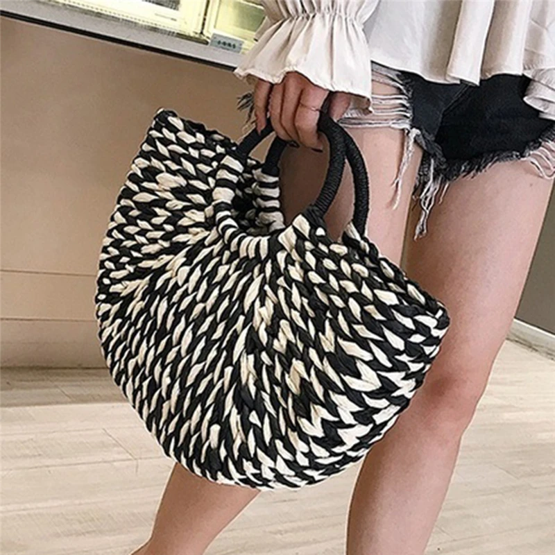 Summer Handmade Straw Weave Bags Women Beach Weaving Ladies Straw Bag Wrapped Beach Bag Moon shaped Top Handle Handbags Totes