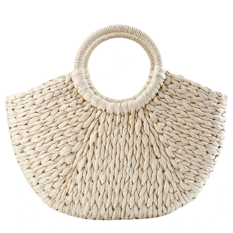 Summer Handmade Straw Weave Bags Women Beach Weaving Ladies Straw Bag Wrapped Beach Bag Moon shaped Top Handle Handbags Totes