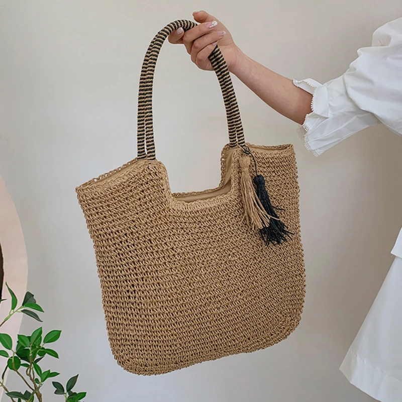 Straw Weave Tassel Tote Summer Beach Bags for Women 2022 Large Capacity Fashion Shoulder Bag Lady Handbags and Purses