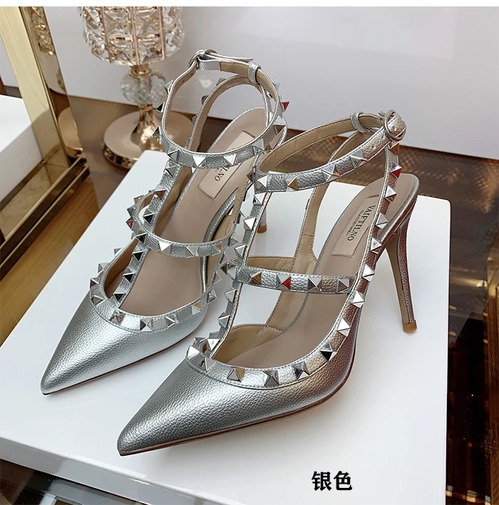 Summer Luxury Women's Gladiator Pointed Sandals Leather Matte Roman Fashion Metal Rivet Pumps Party Versatile Women's High Heels