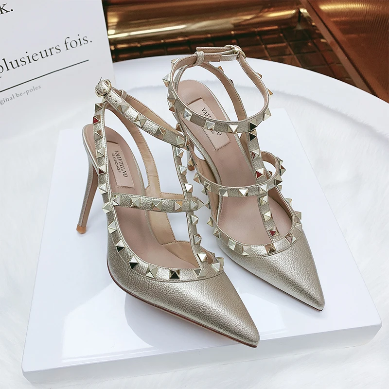 Summer Luxury Women's Gladiator Pointed Sandals Leather Matte Roman Fashion Metal Rivet Pumps Party Versatile Women's High Heels