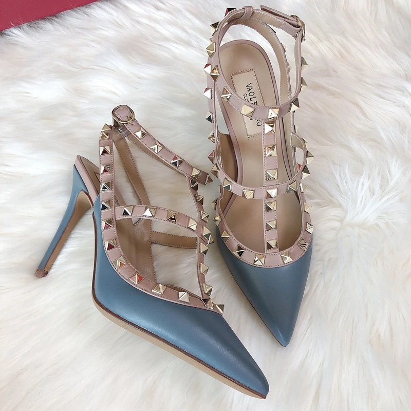 Summer Luxury Women's Gladiator Pointed Sandals Leather Matte Roman Fashion Metal Rivet Pumps Party Versatile Women's High Heels