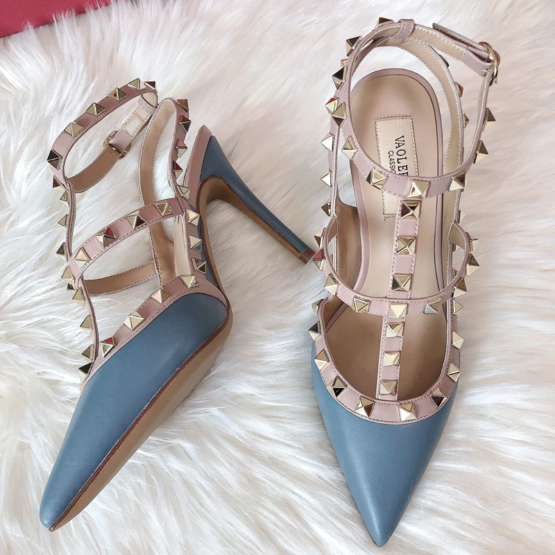 Summer Luxury Women's Gladiator Pointed Sandals Leather Matte Roman Fashion Metal Rivet Pumps Party Versatile Women's High Heels