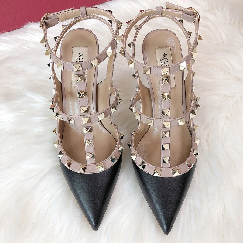 Summer Luxury Women's Gladiator Pointed Sandals Leather Matte Roman Fashion Metal Rivet Pumps Party Versatile Women's High Heels