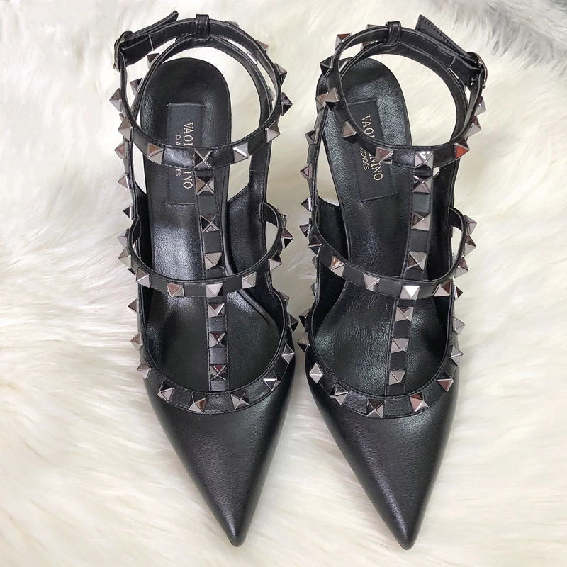 Summer Luxury Women's Gladiator Pointed Sandals Leather Matte Roman Fashion Metal Rivet Pumps Party Versatile Women's High Heels