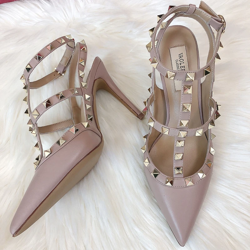 Summer Luxury Women's Gladiator Pointed Sandals Leather Matte Roman Fashion Metal Rivet Pumps Party Versatile Women's High Heels