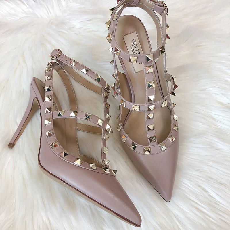 Summer Luxury Women's Gladiator Pointed Sandals Leather Matte Roman Fashion Metal Rivet Pumps Party Versatile Women's High Heels