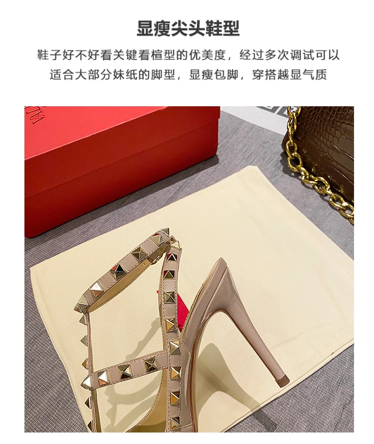 Summer Luxury Women's Gladiator Pointed Sandals Leather Matte Roman Fashion Metal Rivet Pumps Party Versatile Women's High Heels