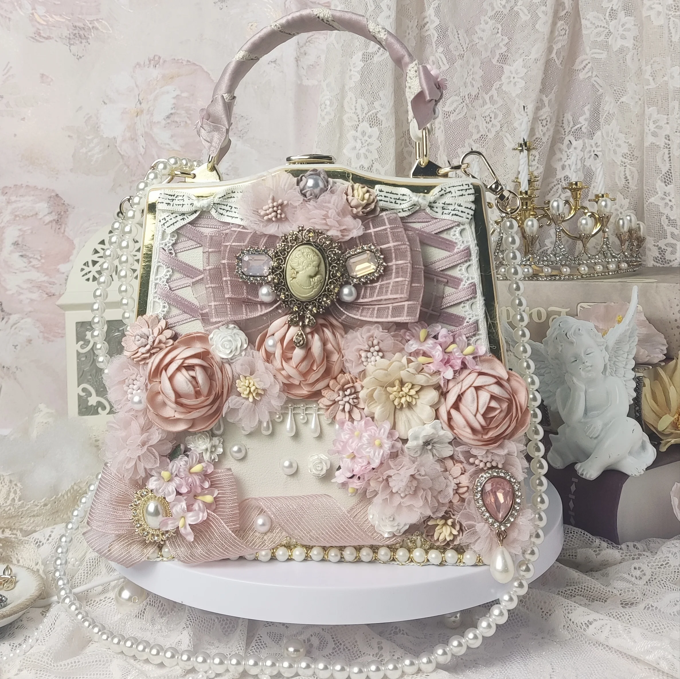 [Original] Handmade Gorgeous Flower Wedding Pink Handbag Retro Crossbody